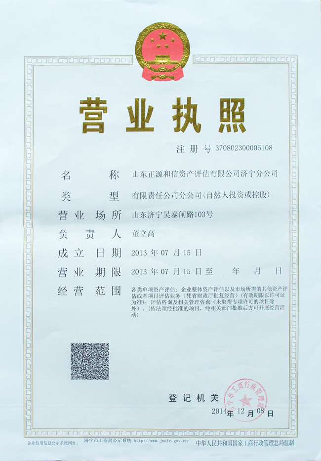 ld体育(中国)正源和信资产评估有限公司济宁分公司 营业执照